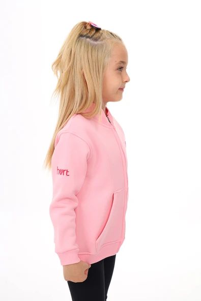 Toontoy Kız Çocuk Dik Yaka Fermuarlı Cepli Nakış Baskılı Örme Hırka - 2 İplik Şardonlu - Resim 11