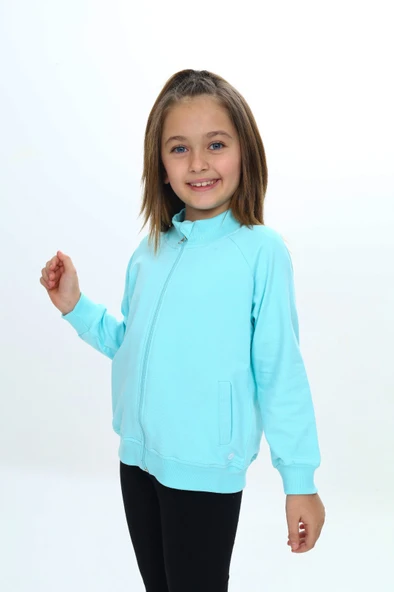 Toontoy Kız Çocuk Dik Yaka Fermuarlı Cepli Reglan Kol Örme Hırka - 2 İplik - 2
