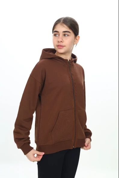 Toontoy Kız Çocuk Kapüşonlu Şerit Fermuar Detaylı Cepli Düşük Omuz Örme Hırka - 3 İplik Şardonsuz - 6