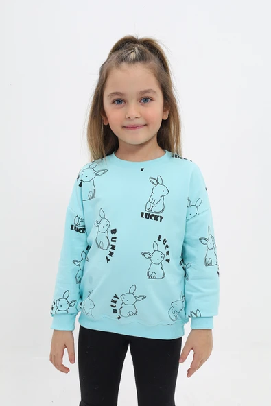 Kız Çocuk Relax Fit Bisiklet Yaka Düşük Omuz Baskılı Sweatshirt - 2 İplik ürün görseli 1