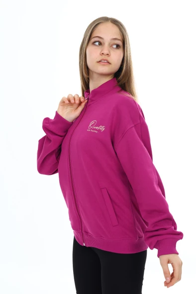 Toontoy Kız Çocuk Dik Yaka Fermuarlı Cepli Düşük Omuz Nakış Baskılı Örme Hırka -3 İplik Şardunsuz - 4