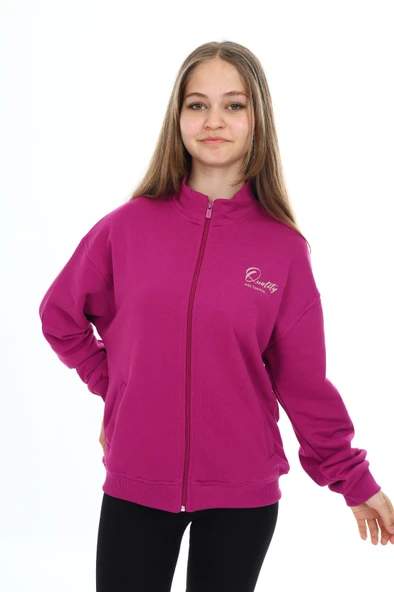 Toontoy Kız Çocuk Dik Yaka Fermuarlı Cepli Düşük Omuz Nakış Baskılı Örme Hırka -3 İplik Şardunsuz - 3