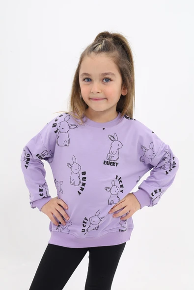 Kız Çocuk Relax Fit Bisiklet Yaka Düşük Omuz Baskılı Sweatshirt - 2 İplik - Resim 7