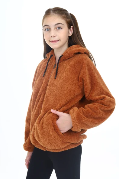Toontoy Kız Çocuk Kapüşonlu Fermuarlı Cepli Reglan Kol Peluş Hırka - 9
