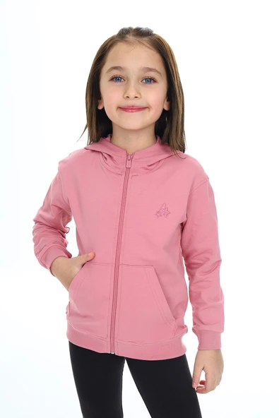 Toontoy Kız Çocuk Kapüşonlu Fermuarlı Cepli Düşük Omuz Nakış Baskılı Örme Hırka - 2 İplik - Resim 3
