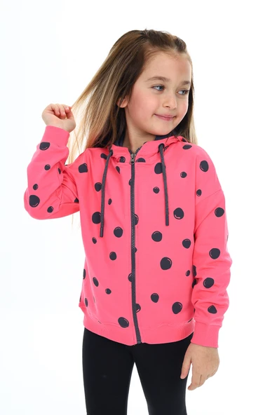 Toontoy Kız Çocuk Kapüşonlu Fermuarlı Baloncuk Baskılı Düşük Omuz Yırtmaç Detaylı Örme Hırka - 2 İplik - 11