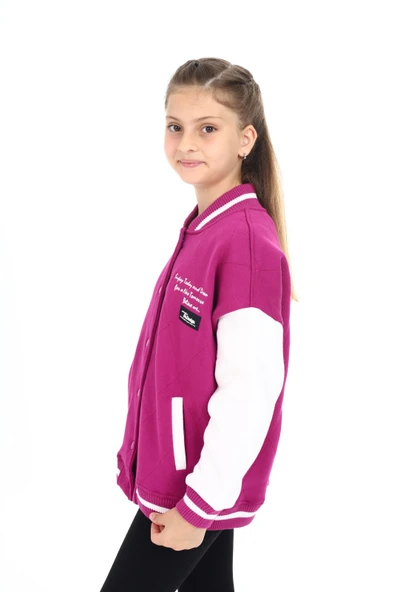 Toontoy Kız Çocuk Kolej Yaka Çıtçıt Kapama Cepli Düşük Omuz Nakış Baskılı Renk Bloklu Örme Hırka - 2 İplik Şardonlu - 10