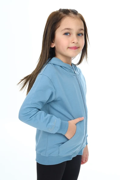 Toontoy Kız Çocuk Kapüşonlu Fermuarlı Cepli Düşük Omuz Nakış Baskılı Örme Hırka - 2 İplik - Resim 7