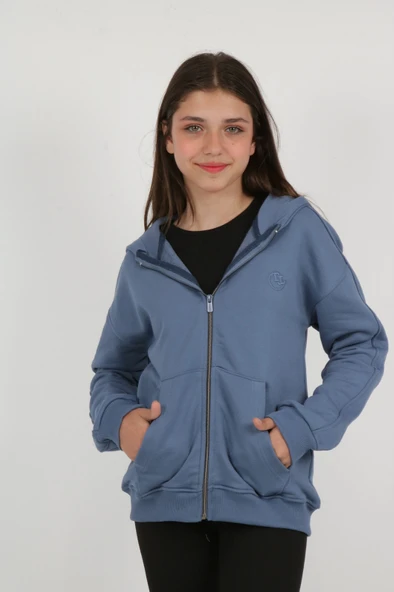 Toontoy Kız Çocuk Kapüşonlu Fermuarlı Cepli Düşük Omuz Nakış Baskılı Örme Hırka - 3 İplik Şardonsuz - 6