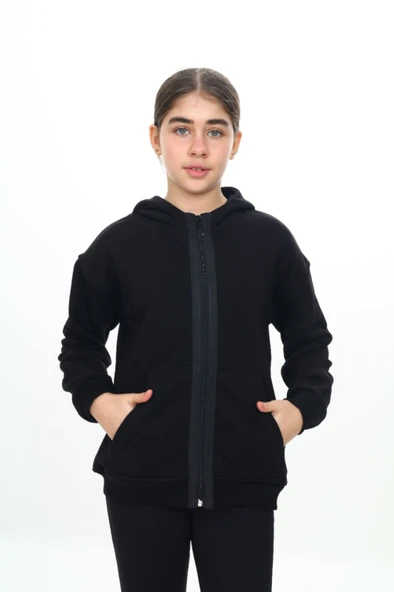 Toontoy Kız Çocuk Kapüşonlu Şerit Fermuar Detaylı Cepli Düşük Omuz Örme Hırka - 3 İplik Şardonsuz - 12