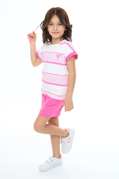 Toontoy Kız Çocuk Çizgili Kalp Nakışlı Şortlu Takım - Resim 12