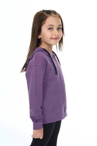 Toontoy Kız Çocuk Kapüşonlu Fermuarlı Cepli Düşük Omuz Nakış Baskılı Örme Hırka - 2 İplik - 3