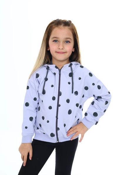 Toontoy Kız Çocuk Kapüşonlu Fermuarlı Baloncuk Baskılı Düşük Omuz Yırtmaç Detaylı Örme Hırka - 2 İplik - 3