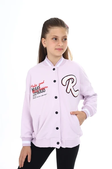 Toontoy Kız Çocuk Kolej Yaka Çıtçıt Kapama Cepli Düşük Omuz Nakış Baskılı Örme Hırka - 2 İplik Şardonlu