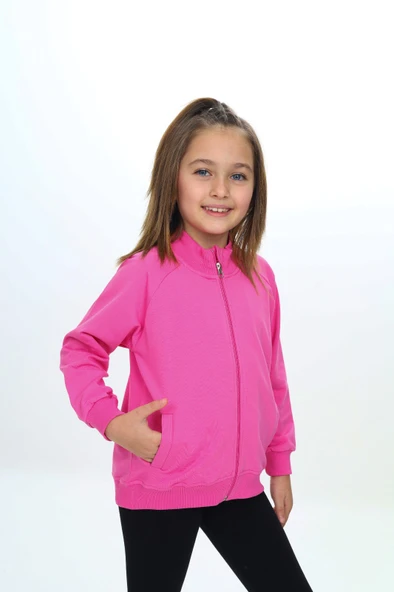 Toontoy Kız Çocuk Dik Yaka Fermuarlı Cepli Reglan Kol Örme Hırka - 2 İplik - 7