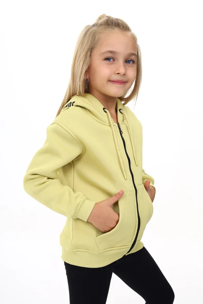 Toontoy Kız Çocuk Kapüşonlu Fermuarlı Cepli Nakış Baskılı Örme Hırka - 2 İplik Şardonlu - 12
