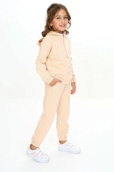 Kız Çocuk 2'li Takım Kapüşonlu Fermuarlı Sweatshirt & Beli Paçası Lastikli Jogger Eşofman Altı - 2 İplik - Resim 3