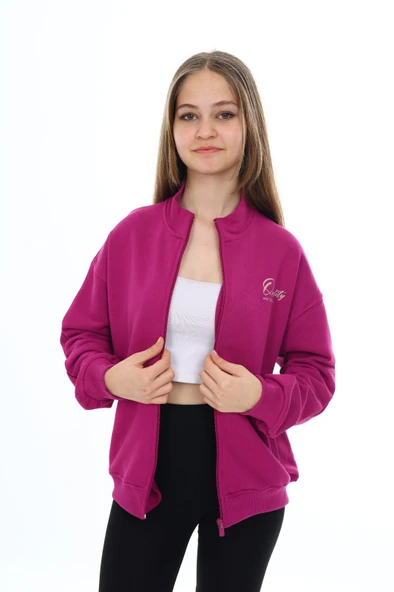 Toontoy Kız Çocuk Dik Yaka Fermuarlı Cepli Düşük Omuz Nakış Baskılı Örme Hırka -3 İplik Şardunsuz