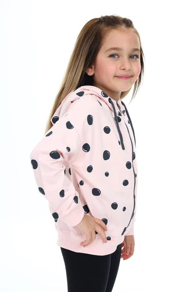 Toontoy Kız Çocuk Kapüşonlu Fermuarlı Baloncuk Baskılı Düşük Omuz Yırtmaç Detaylı Örme Hırka - 2 İplik - 9