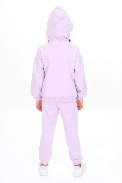 Kız Çocuk 2'li Takım Kapüşonlu Fermuarlı Sweatshirt & Beli Paçası Lastikli Jogger Eşofman Altı - 2 İplik - Resim 6