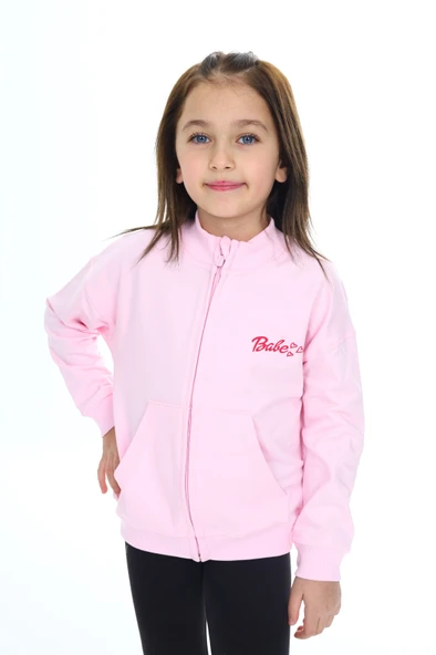 Toontoy Kız Çocuk Dik Yaka Fermuarlı Düşük Omuz Cepli Nakış Baskılı Örme Hırka - 2 İplik Şardonlu - 9