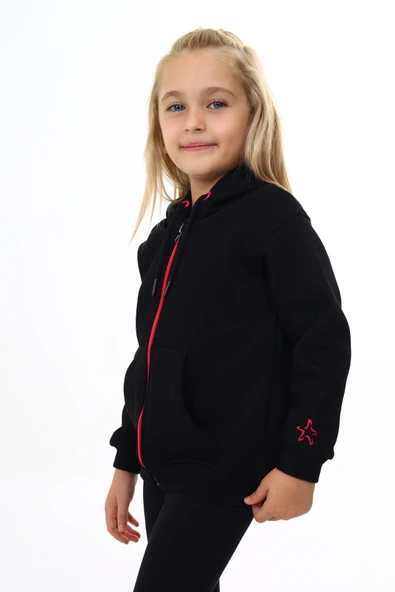 Toontoy Kız Çocuk Kapüşonlu Fermuarlı Cepli Nakış Baskılı Örme Hırka - 2 İplik Şardonlu - 7