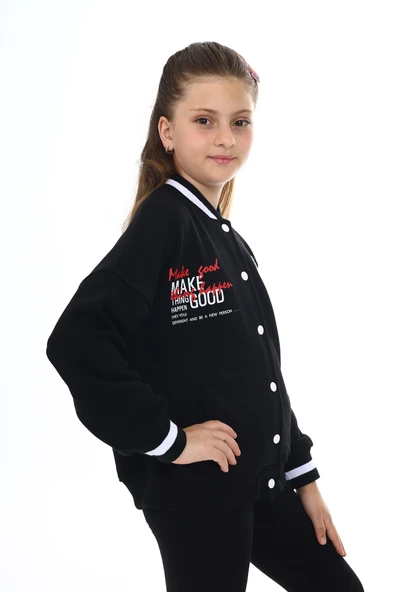 Toontoy Kız Çocuk Kolej Yaka Çıtçıt Kapama Cepli Düşük Omuz Nakış Baskılı Örme Hırka - 2 İplik Şardonlu - 12