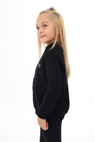 Toontoy Kız Çocuk Dik Yaka Fermuarlı Cepli Nakış Baskılı Örme Hırka - 2 İplik Şardonlu - Resim 7