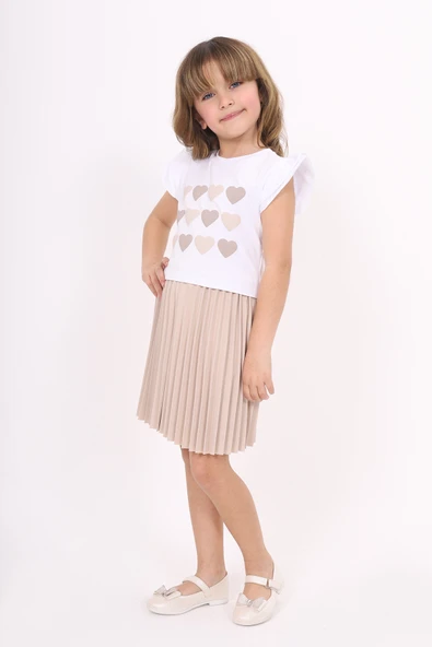 Toontoy Kız Çocuk Kol Fırfır Kalp Baskılı Etekli Takım - Resim 3