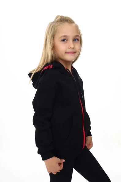 Toontoy Kız Çocuk Kapüşonlu Fermuarlı Cepli Nakış Baskılı Örme Hırka - 2 İplik Şardonlu - 6