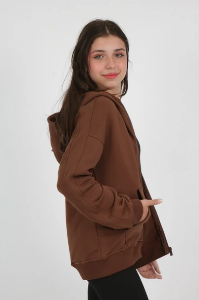 Toontoy Kız Çocuk Kapüşonlu Fermuarlı Cepli Düşük Omuz Nakış Baskılı Örme Hırka - 3 İplik Şardonsuz - 11