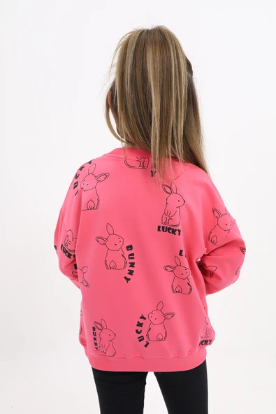 Kız Çocuk Relax Fit Bisiklet Yaka Düşük Omuz Baskılı Sweatshirt - 2 İplik - Resim 12