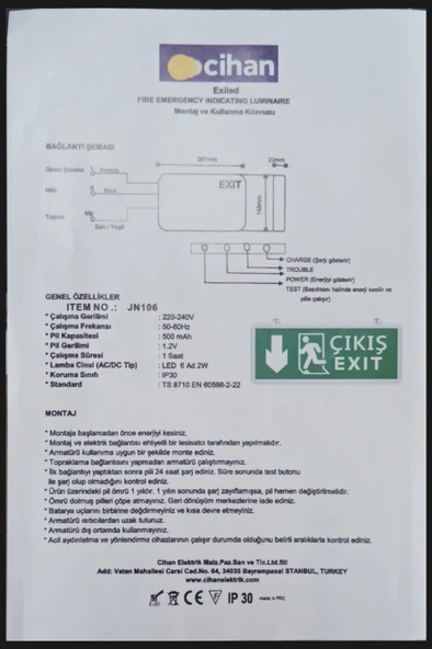 Acil Çıkış Armatürü EXIT Led Tabela (CİHAN JN-107) - 4