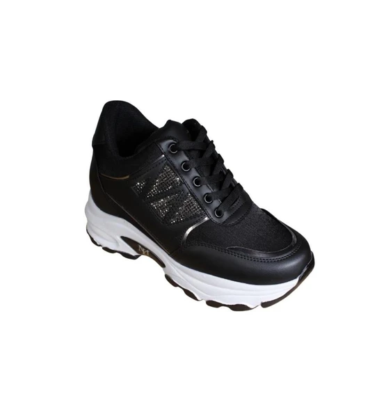 YAZKIŞ Kadın Siyah Beyaz Yanı Taşlı İçten 8Cm Topuklı Fashıon Spor Ayakkabı - Resim 2