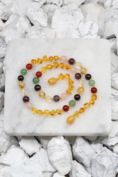 Kehribar-Çakra Doğal Taş Bebek/Çocuk Kolyesi-35 cm - 2