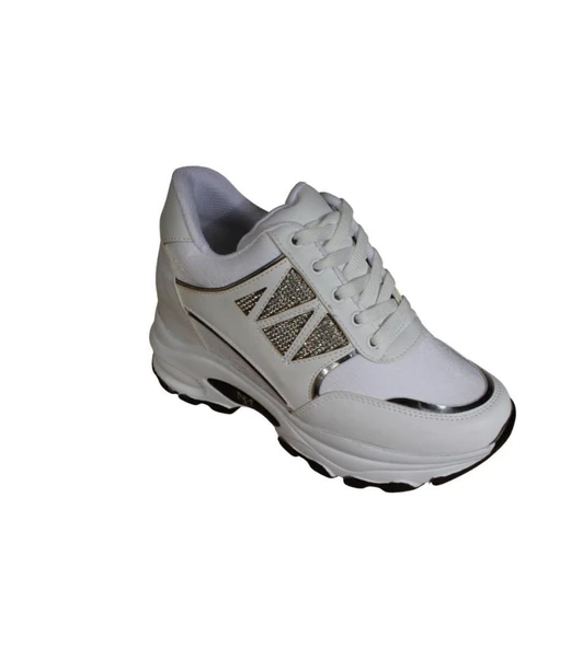 YAZKIŞ Kadın Siyah Beyaz Yanı Taşlı İçten 8Cm Topuklı Fashıon Spor Ayakkabı - Resim 4