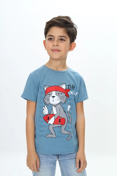 Toontoy Erkek Çocuk Kaykay Kedi Baskılı Tişört - 10