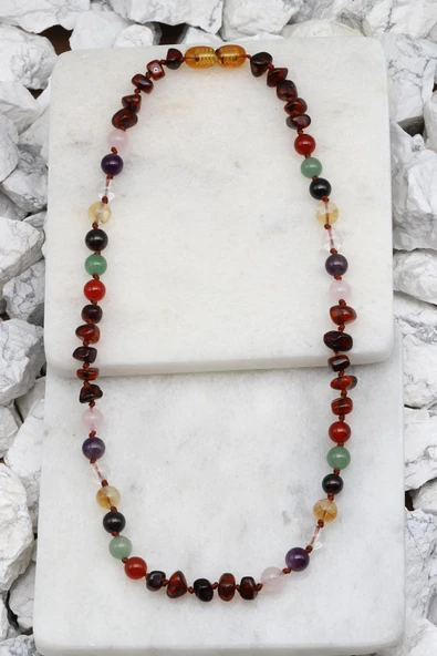 Kehribar-Çakra Doğal Taş Bebek/Çocuk Kolyesi-35 cm