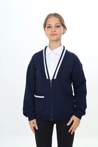 Toontoy Kız Çocuk Lacivert V Yaka Fermuarlı Tek Cepli Düşük Omuz Örme Okul Hırkası - 2 İplik