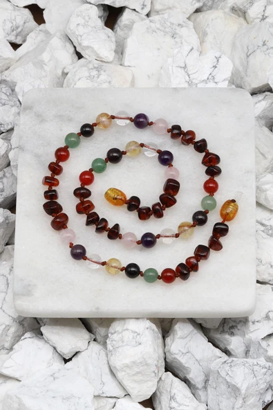 Kehribar-Çakra Doğal Taş Bebek/Çocuk Kolyesi-35 cm - 2