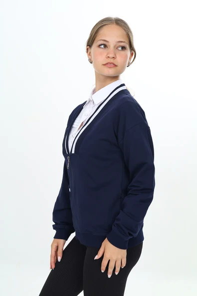 Toontoy Kız Çocuk Lacivert V Yaka Fermuarlı Tek Cepli Düşük Omuz Örme Okul Hırkası - 2 İplik - 2