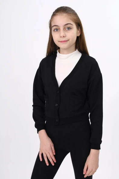 Toontoy Kız Çocuk V Yaka Düğmeli Düşük Omuz Örme Okul Hırkası - 2 İplik