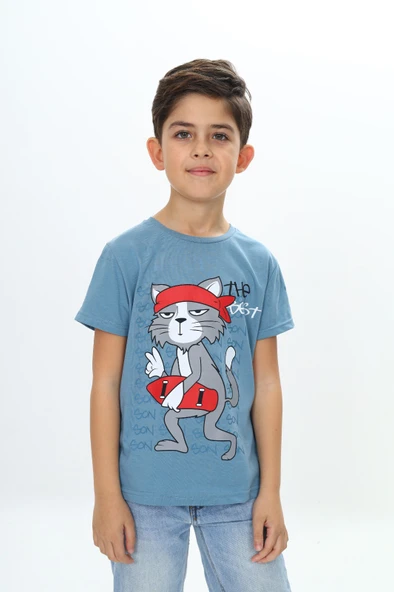 Toontoy Erkek Çocuk Kaykay Kedi Baskılı Tişört - 11