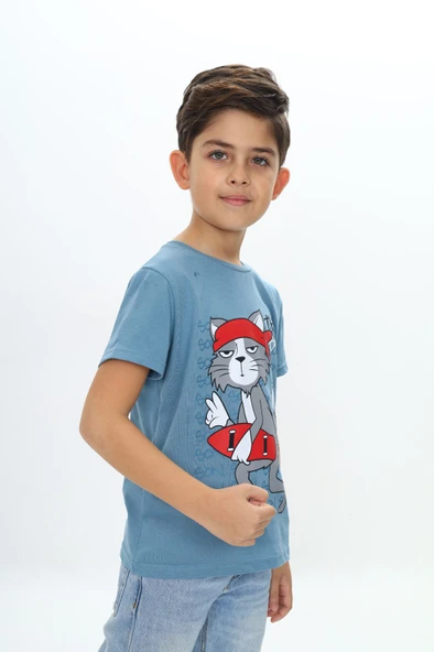 Toontoy Erkek Çocuk Kaykay Kedi Baskılı Tişört - 12