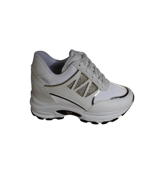 YAZKIŞ Kadın Siyah Beyaz Yanı Taşlı İçten 8Cm Topuklı Fashıon Spor Ayakkabı - Resim 16