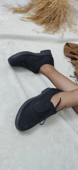 BLS GERÇEK NUBUK DERİ SİYAH BAĞLI KADIN AYAKKABI (A30E) - Resim 2