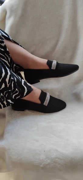 ÇİĞDEM TRİKO SİYAH TAŞLI KADIN BABET - Resim 2