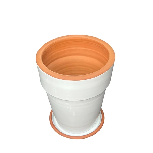 Bitki Tasarımı Jaar Beyaz Çift Sırlı İç ve Dış Mekan Kullanımlı Toprak Terrakota Tabaklı Saksı - Resim 3