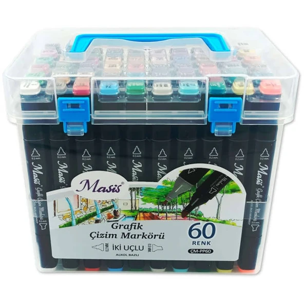 Masis Grafik Çizim Markörü Çift Uçlu 60 Renk Şeffaf PP Kutu ürün görseli