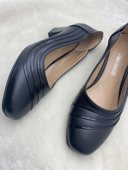 ÇİĞDEM SİYAH DERİ KÜT BURUN ALÇAK TOPUKLU AYAKKABI (AS4) - Resim 5